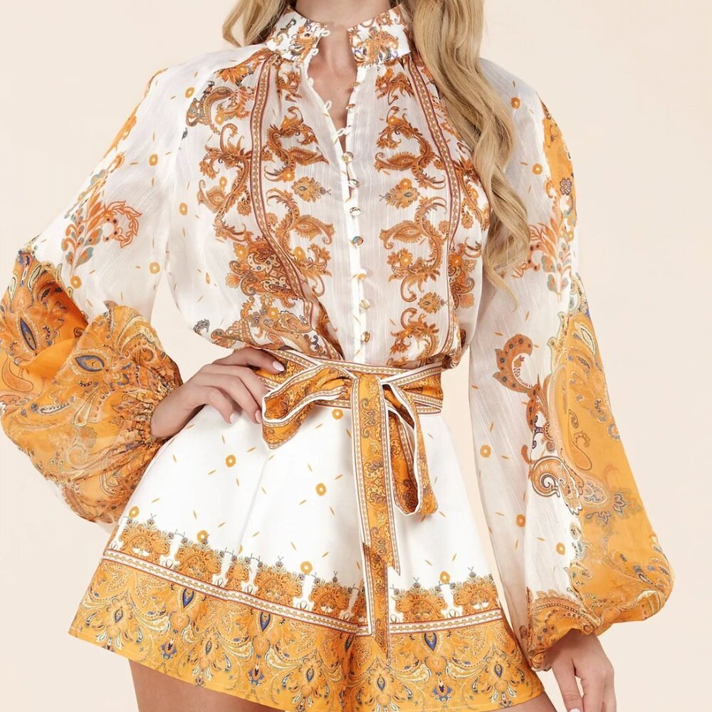 Yellow Paisley Print Short & Blouse Set Women's Size L